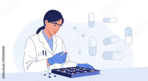 Scientist Examining Pills in Laboratory Tray, Pharmaceutical Research and Development