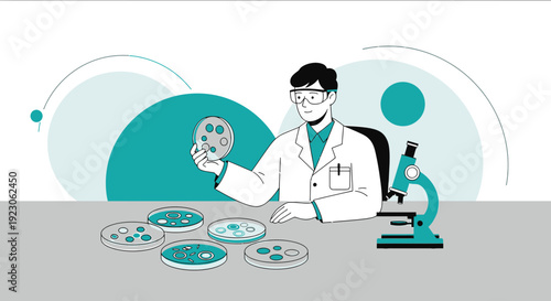 Scientist Examining Petri Dishes with Microscope, Laboratory Research