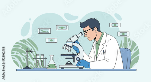 Scientist Examining Sample Under Microscope in Laboratory