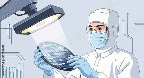 Scientist in cleanroom examines silicon wafer under bright light, semiconductor manufacturing