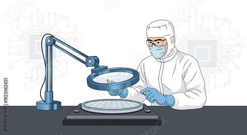 Scientist in Cleanroom Inspecting Microchip with Magnifying Glass
