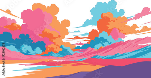 Abstract surreal landscape with vibrant swirling clouds, mountains, and alien terrain in vivid pink, orange, blue, and purple hues