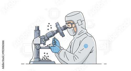 Scientist in cleanroom suit examines microchip components under microscope