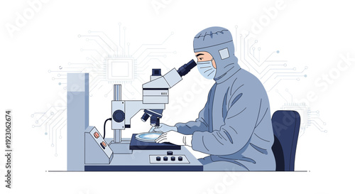 Scientist in cleanroom using microscope for semiconductor research