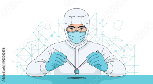 Scientist in Cleanroom Suit Working with Microchip and Tweezers