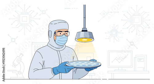 Scientist in cleanroom with petri dish, semiconductor manufacturing, technology research