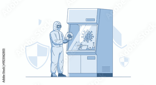 Scientist in Hazmat Suit Studying Virus in Biosafety Cabinet