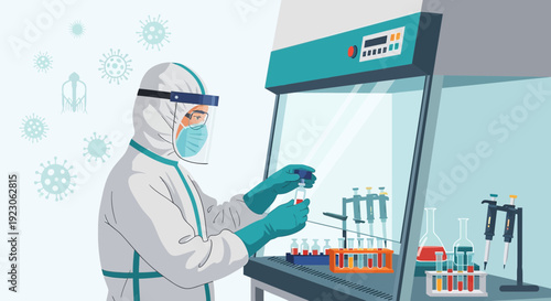Scientist in Hazmat Suit Working in Biosafety Cabinet with Test Tubes