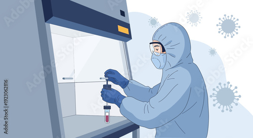 Scientist in Hazmat Suit Working in Biosafety Cabinet with Test Tube