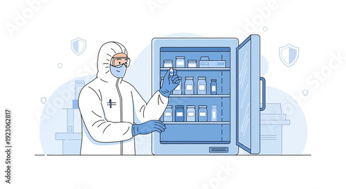 Scientist in Hazmat Suit with Vaccine Vial and Medical Refrigerator