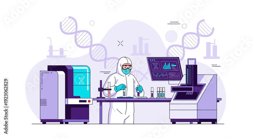 Scientist in Hazmat Suit Working in Laboratory with DNA and Medical Equipment