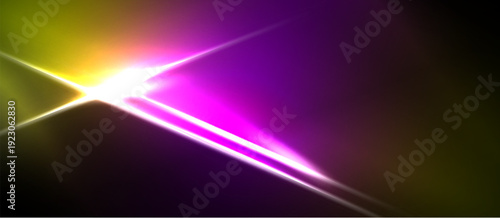 Bright abstract light streaks, vibrant colors blend. Purple, yellow hues dominate dark background. Dynamic energy radiates from central point.