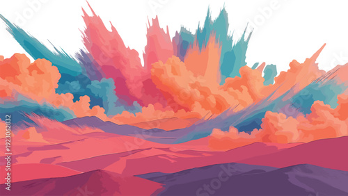 Dreamlike desert landscape with dramatic, explosive clouds in pastel pink, orange, and blue, against rolling dunes and a clear sky