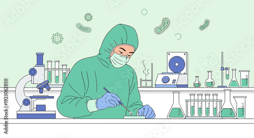 Scientist in Hazmat Suit Working in Laboratory with Microscope and Test Tubes