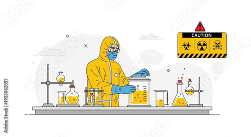 Scientist in Hazmat Suit Working in Laboratory with Chemicals and Biohazard Sign