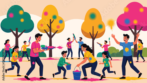 Happy group of people playing holi festival of colors in sunny public park with water guns and colorful paint buckets during traditional indian spring celebration