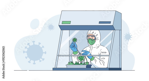 Scientist in Hazmat Suit Working with Coronavirus Samples in Biosafety Cabinet
