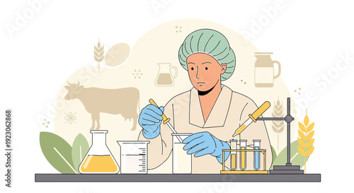 Scientist in Lab Coat Analyzing Dairy Products with Cow and Wheat Background