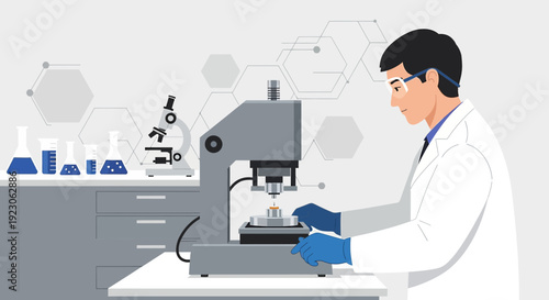 Scientist in Lab Coat Analyzing Sample with Advanced Equipment