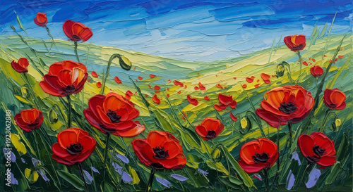 Wallpaper Mural vibrant red poppies in a lush green field with blue sky background beautiful flowers close up colorf Torontodigital.ca