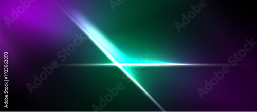 Abstract background features vibrant purple, green light streaks. Diagonal lines intersect creating dynamic visual effect. Dark space surrounds bright colors.