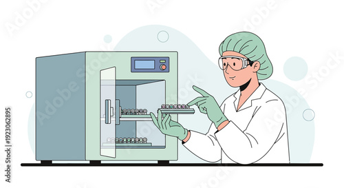 Scientist in Lab Coat and Gloves Uses Incubator for Samples