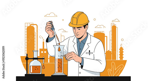 Scientist in Lab Coat and Hard Hat Performing Chemical Experimentation at Industrial Plant