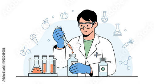 Scientist in Lab Coat Conducting Research with Pipette and Bottles
