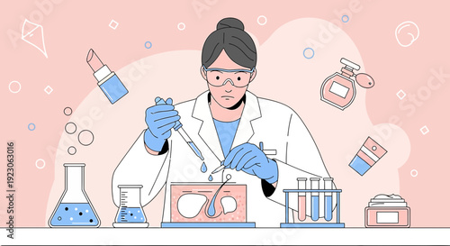 Scientist in Lab Coat Conducts Cosmetic Research with Pipette and Microscope