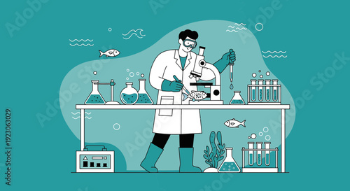 Scientist in Lab Coat Examining Fish Under Microscope, Aquatic Research