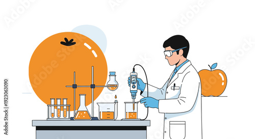 Scientist in Lab Coat Mixing Liquids in Beaker with Fruit Background