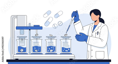 Scientist in Lab Coat Mixing Pharmaceutical Pills in Beakers