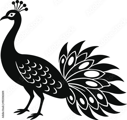Decorative peacock silhouette vector illustration in black and white style. Elegant bird logo design suitable for luxury branding, fashion identity