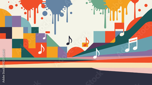 Abstract music notes and paint splatters vibrant geometric shapes background