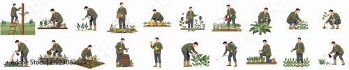 Comprehensive Set of Detailed Gardener Illustrations in Various Poses and Activities