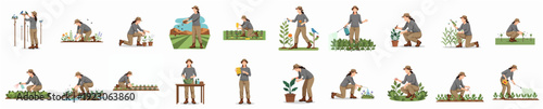 Flat Illustration Set of Woman Gardening Activities in Various Poses