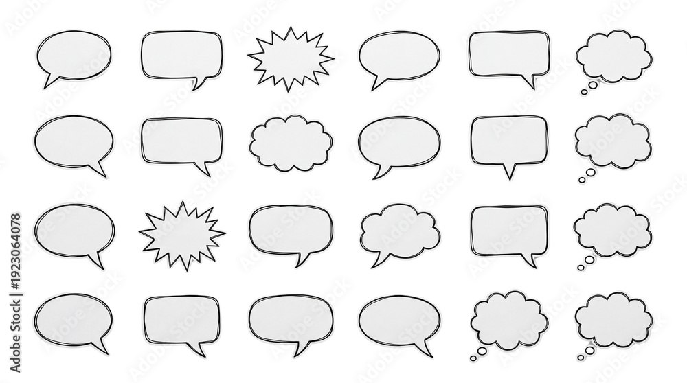 Fototapeta premium 25 Hand-drawn speech bubble and thought bubble icon collection. Includes various shapes like oval, rectangular, starburst, and cloud. Created in outlined style with white and black palette.