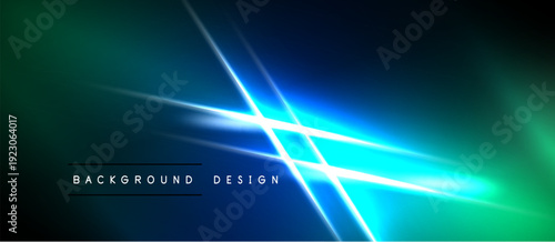 Abstract background features vibrant blue, green light streaks. Diagonal lines create dynamic visual effect. Modern design element.