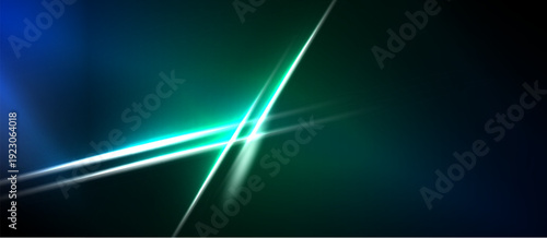 Abstract background features bright lines, gradients. Dark shades dominate, creating futuristic feel. Vivid blue, green hues present.