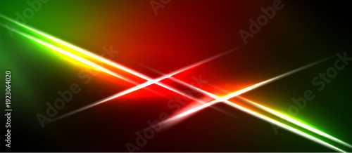Bright lines intersect, creating vibrant red, green, yellow glow. Dark background emphasizes luminosity, dynamic energy.