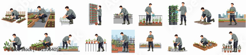 Flat Style Detailed Gardener at Work with Plants and Tools Illustration