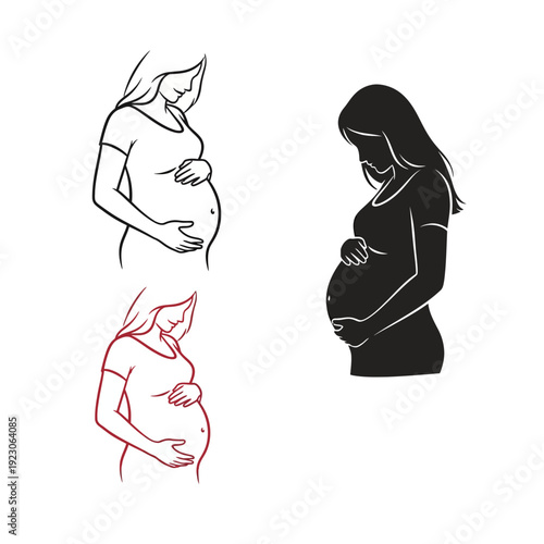 Pregnant Woman Silhouette Line Art and Outline.
