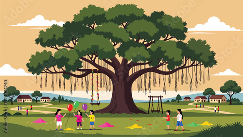 Children playing with balloons and swings under large banyan tree in rural village setting with traditional houses and green landscape during daytime holiday fun