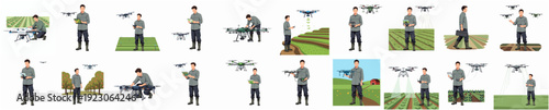 Multiple Poses Flat Illustration of Soldier Flying Drone and Shooting Gun Icon