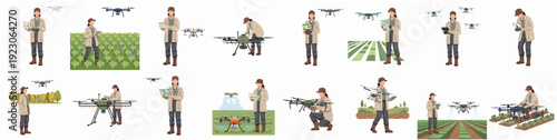 Set of Man and Woman Operating Agriculture Drone in Different Scene Illustration