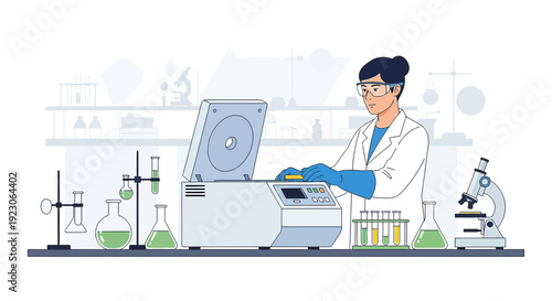 Scientist Operating Centrifuge in Laboratory with Test Tubes and Microscopes