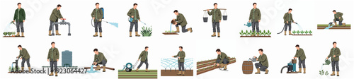 Detailed Flat Style Man Doing Garden Work Icon Set Illustrations