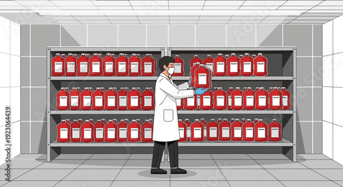 Scientist Organizing Blood Bags in Cold Storage Unit