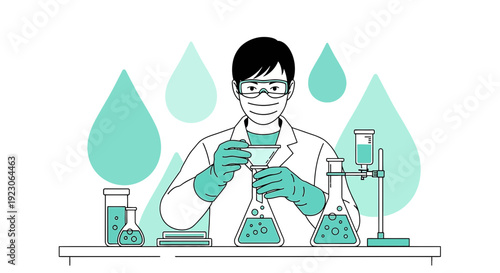 Scientist Performing Chemical Analysis with Lab Equipment, Water Drops Background