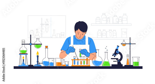 Scientist Performing Chemical Experiment in Laboratory with Test Tubes and Microscope